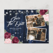 ネイビーエレガントブルーブルゴーニュ赤面結婚の写真 案内ポストカード (正面)