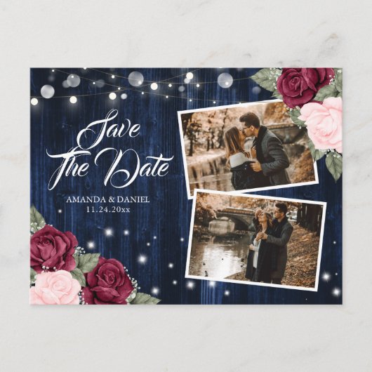 ネイビーエレガントブルーブルゴーニュ赤面結婚の写真 案内ポストカード (正面)