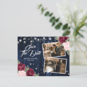 ネイビーエレガントブルーブルゴーニュ赤面結婚の写真 案内ポストカード (スタンド正面)