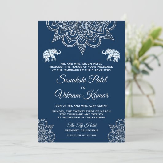 ネイビーエレガントブルーヘナインディアン結婚式招待状 招待状 (スタンド正面)