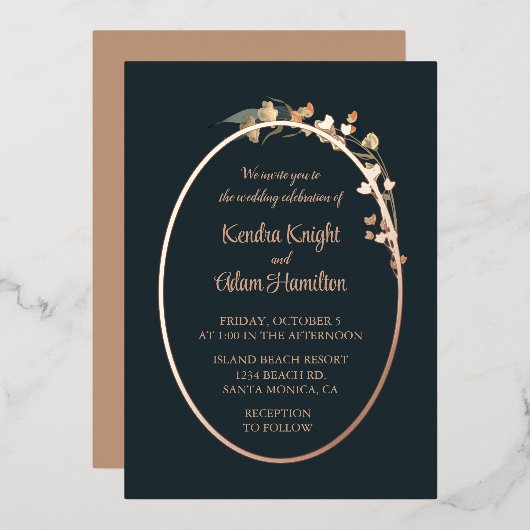 ネイビーエレガントブルーベージュワイルドフラワーフローラ 箔招待状 (正面/裏面)