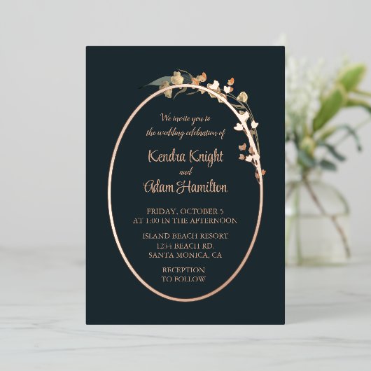 ネイビーエレガントブルーベージュワイルドフラワーフローラ 箔招待状 (立ち正面)