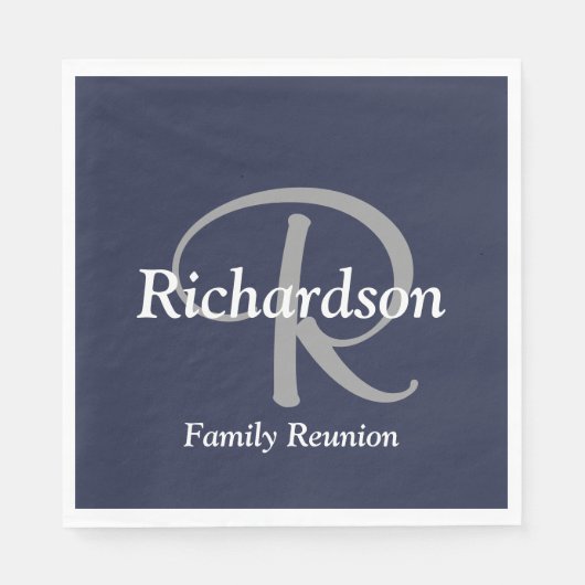 ネイビーエレガントブルーホワイトシルバーグレイモノグラムの スタンダードランチョンナプキン (正面)
