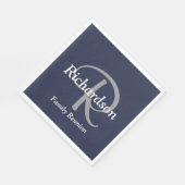 ネイビーエレガントブルーホワイトシルバーグレイモノグラムの スタンダードランチョンナプキン (角)