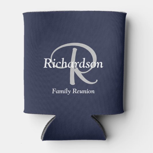 ネイビーエレガントブルーホワイトシルバーグレイモノグラムの 缶クーラー (正面)