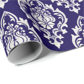 ネイビーエレガントブルーホワイトダマスクパターンラグジュアリー ラッピングペーパー (ロールコーナー)