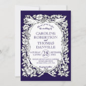 ネイビーエレガントブルーホワイトフローラバ華美ードズ結婚 招待状 (正面)