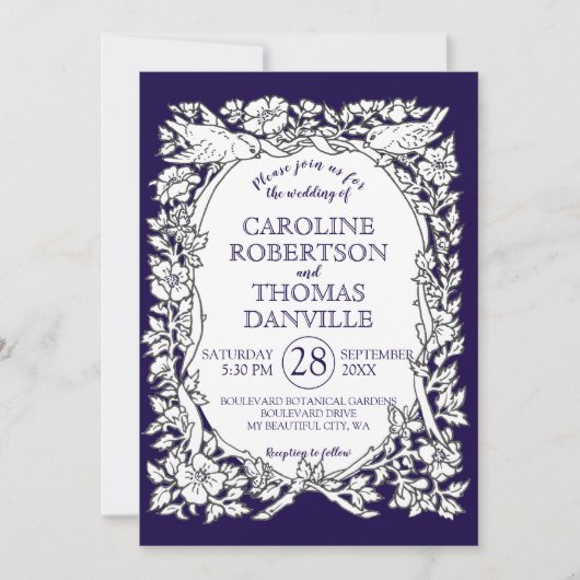 ネイビーエレガントブルーホワイトフローラバ華美ードズ結婚 招待状 (正面)