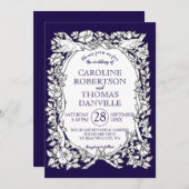ネイビーエレガントブルーホワイトフローラバ華美ードズ結婚 招待状 (正面/裏面)