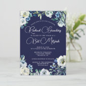 ネイビーエレガントブルーホワイトフローラモダンバルミツワー 招待状 (スタンド正面)