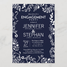 ネイビーエレガントブルーホワイトフローラ婚約パーティ 招待状