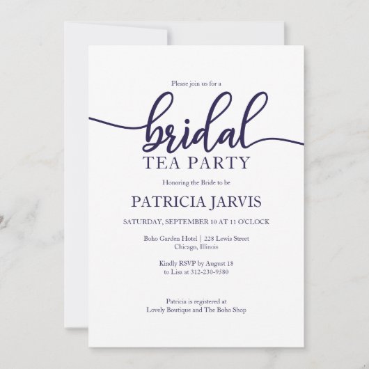 ネイビーエレガントブルーホワイトブライダルティーパーティー 招待状 (正面)