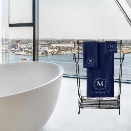 ネイビーエレガントブルーホワイトボタニカルリースモノグラム バスタオルセット