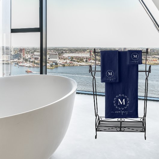 ネイビーエレガントブルーホワイトボタニカルリースモノグラム バスタオルセット