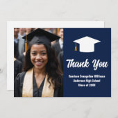 ネイビーエレガントブルーホワイト大学院写真卒業 サンキューカード (正面/裏面)