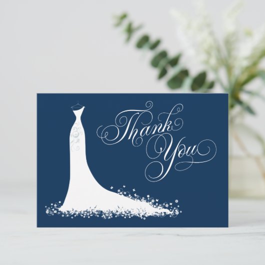 ネイビーエレガントブルーホワイト結婚ズガウンブライダルシャワー サンキューカード (スタンド正面)