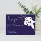 ネイビーエレガントブルーホワイト金ゴールドウェディングRSVPメニュー 出欠カード (スタンド正面)