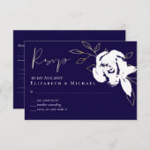 ネイビーエレガントブルーホワイト金ゴールドウェディングRSVPメニュー 出欠カード (正面/裏面)