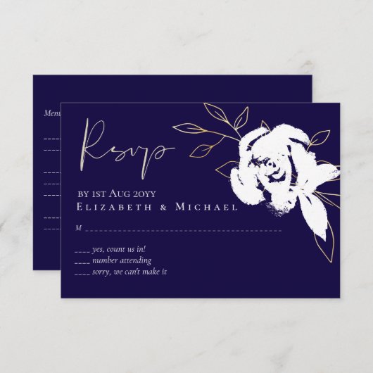 ネイビーエレガントブルーホワイト金ゴールドウェディングRSVPメニュー 出欠カード (正面/裏面)