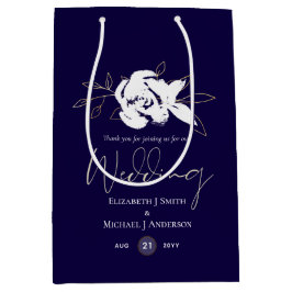 ネイビーエレガントブルーホワイト金ゴールド結婚ズ ミディアムペーパーバッグ