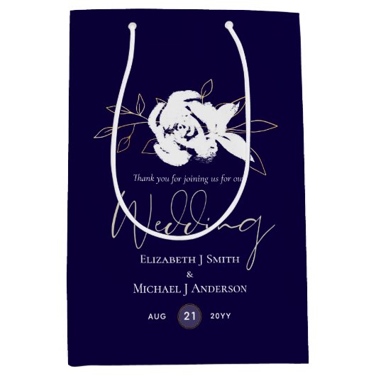 ネイビーエレガントブルーホワイト金ゴールド結婚ズ ミディアムペーパーバッグ (正面)