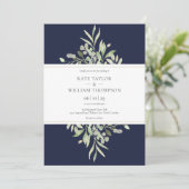 ネイビーエレガントブルーボタニカル結婚グリーンズ 招待状 (スタンド正面)