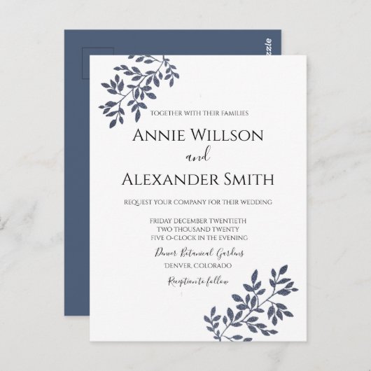 ネイビーエレガントブルーボタニカル結婚式招待状 ポストカード (正面/裏面)