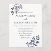 ネイビーエレガントブルーボタニカル結婚式招待状 ポストカード (正面)