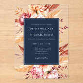 ネイビーエレガントブルーボホシックフローラズ結婚 アクリル招待状 (正面)