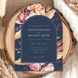 ネイビーエレガントブルーボホシックフローラズ結婚 招待状