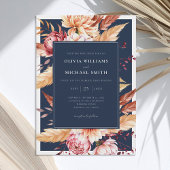 ネイビーエレガントブルーボホシックフローラズ結婚 招待状