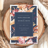 ネイビーエレガントブルーボホシックフローラズ結婚 招待状