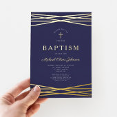 ネイビーエレガントブルーボーイバプテスマ金ゴールド 箔招待状