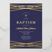 ネイビーエレガントブルーボーイバプテスマ金ゴールド 箔招待状 (正面)