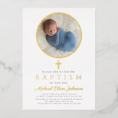 ネイビーエレガントブルーボーイ宗教写真洗礼金ゴールド 箔招待状 (正面)