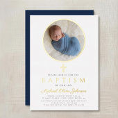 ネイビーエレガントブルーボーイ宗教写真洗礼金ゴールド 箔招待状