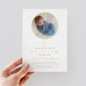 ネイビーエレガントブルーボーイ宗教写真洗礼金ゴールド 箔招待状