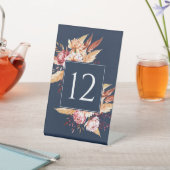 ネイビーエレガントブルーボーホフローラの結婚テーブル番号 台座サイン (インサイチュ)