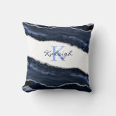 ネイビーエレガントブルーマーブルシルバーグリッターモノグラム クッション (正面)