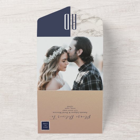 ネイビーエレガントブルーマーブル結婚ズ オールインワン招待状 (外側)