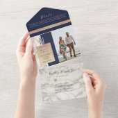 ネイビーエレガントブルーマーブル結婚ズ オールインワン招待状 (貼ってはがせる)