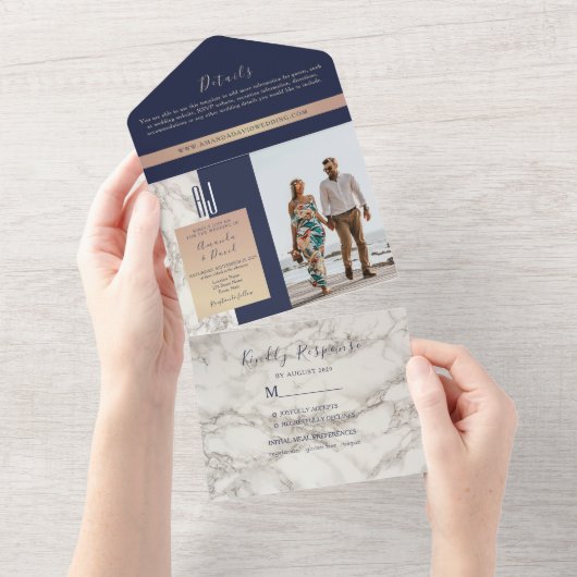 ネイビーエレガントブルーマーブル結婚ズ オールインワン招待状 (貼ってはがせる)