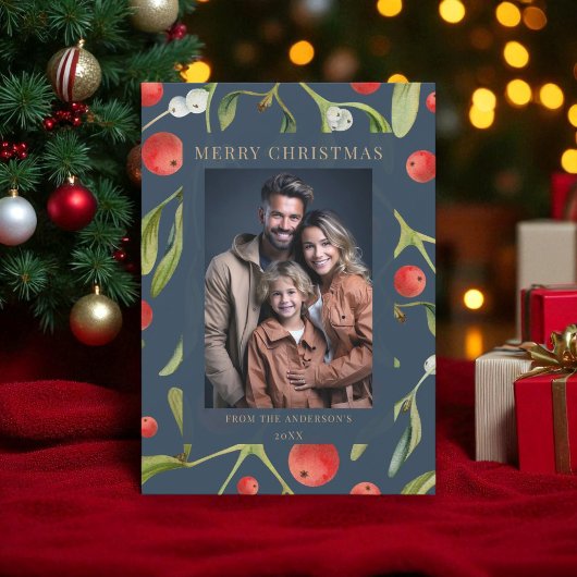 ネイビーエレガントブルーミスタントーホリデイフォトカード 招待状