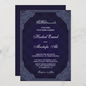 ネイビーエレガントブルームスリム結婚式招待状 招待状 (正面/裏面)