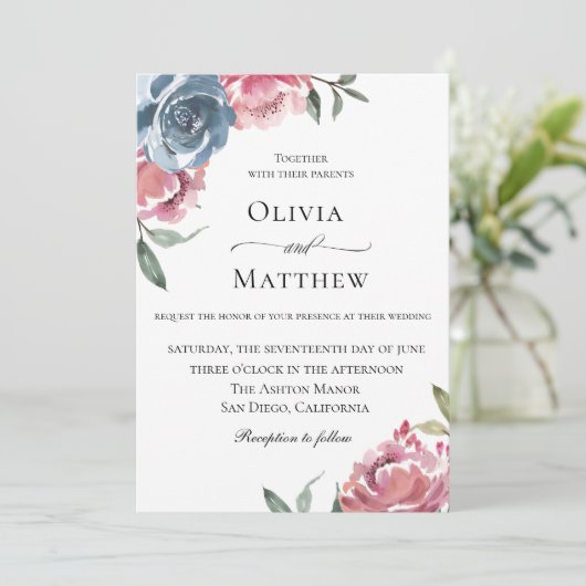 ネイビーエレガントブルームーヴボタニカル結婚ズ 招待状 (スタンド正面)