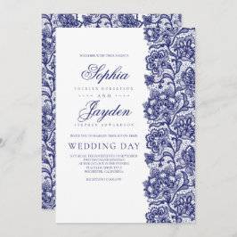 ネイビーエレガントブルーモダンレ結婚ース 招待状