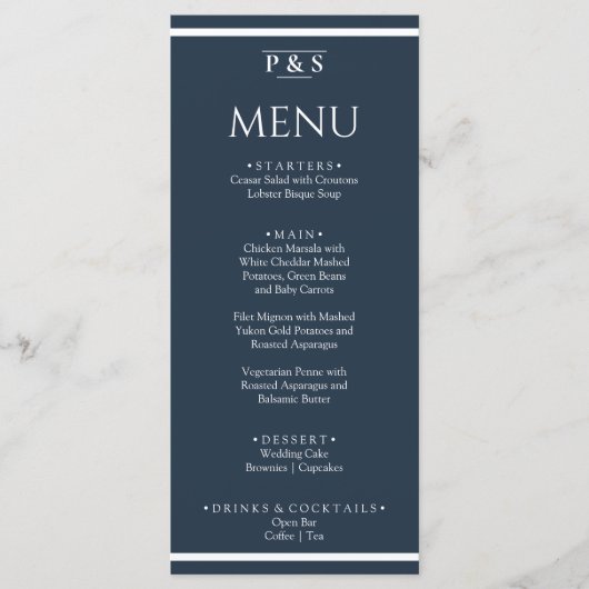 ネイビーエレガントブルーモノグラミニマルムディナー結婚ズ メニュー (正面)