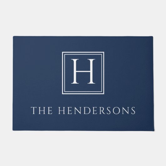 ネイビーエレガントブルーモノグラムファミリー名 ドアマット (正面)