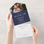 ネイビーエレガントブルーモノグラム結婚写真撮影日 オールインワン招待状 (貼ってはがせる)
