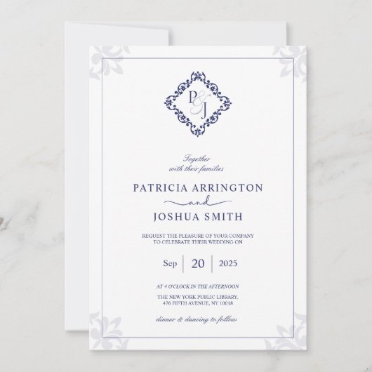 ネイビーエレガントブルーモノグラム結婚式招待状カード 招待状 (正面)